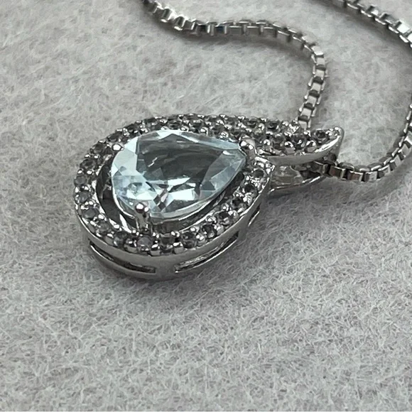 Aquamarine Teardrop Pendant Necklace White Topaz Sterling Silver 16” Chain - Picture 6 of 12